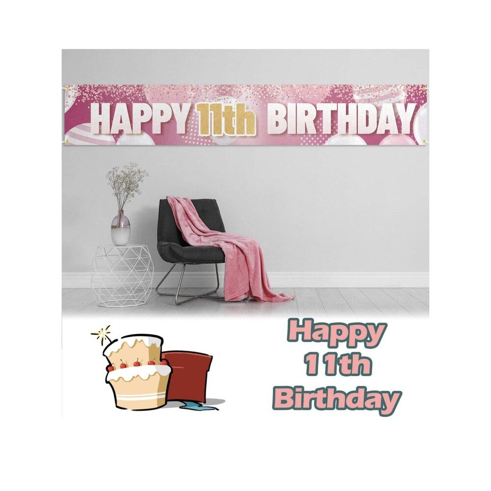 9.8 X 1.6 Ft Large Sign Happy 11th Birthday Banner Pink For Kids Birthday - Picture 4 of 7